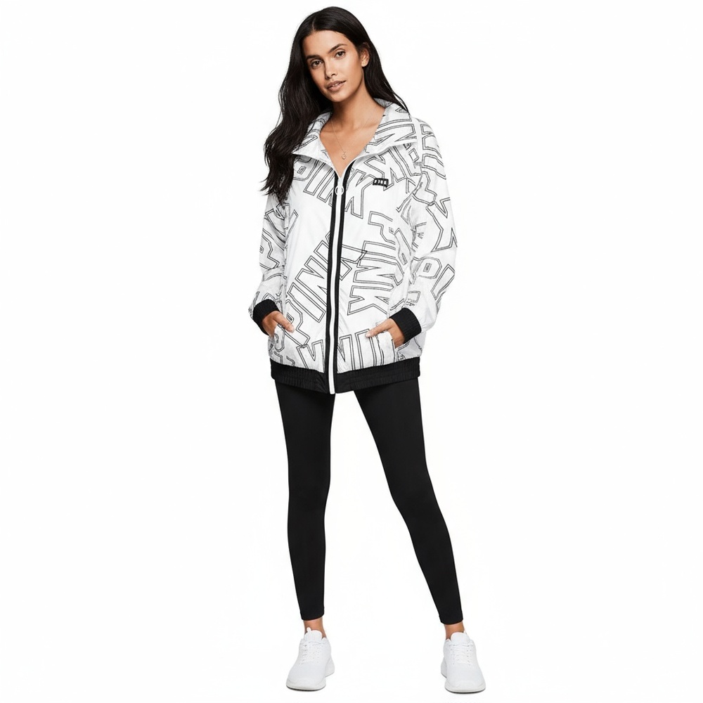 PINK VS Womens White Black Logo Anorak Windbreaker‎ Full Zip Oversize S